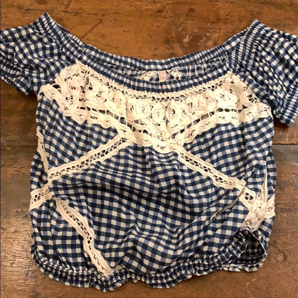 Free People Blue/White Off-Shoulder Top